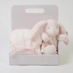 Manta topitos + conejo de peluche rosa