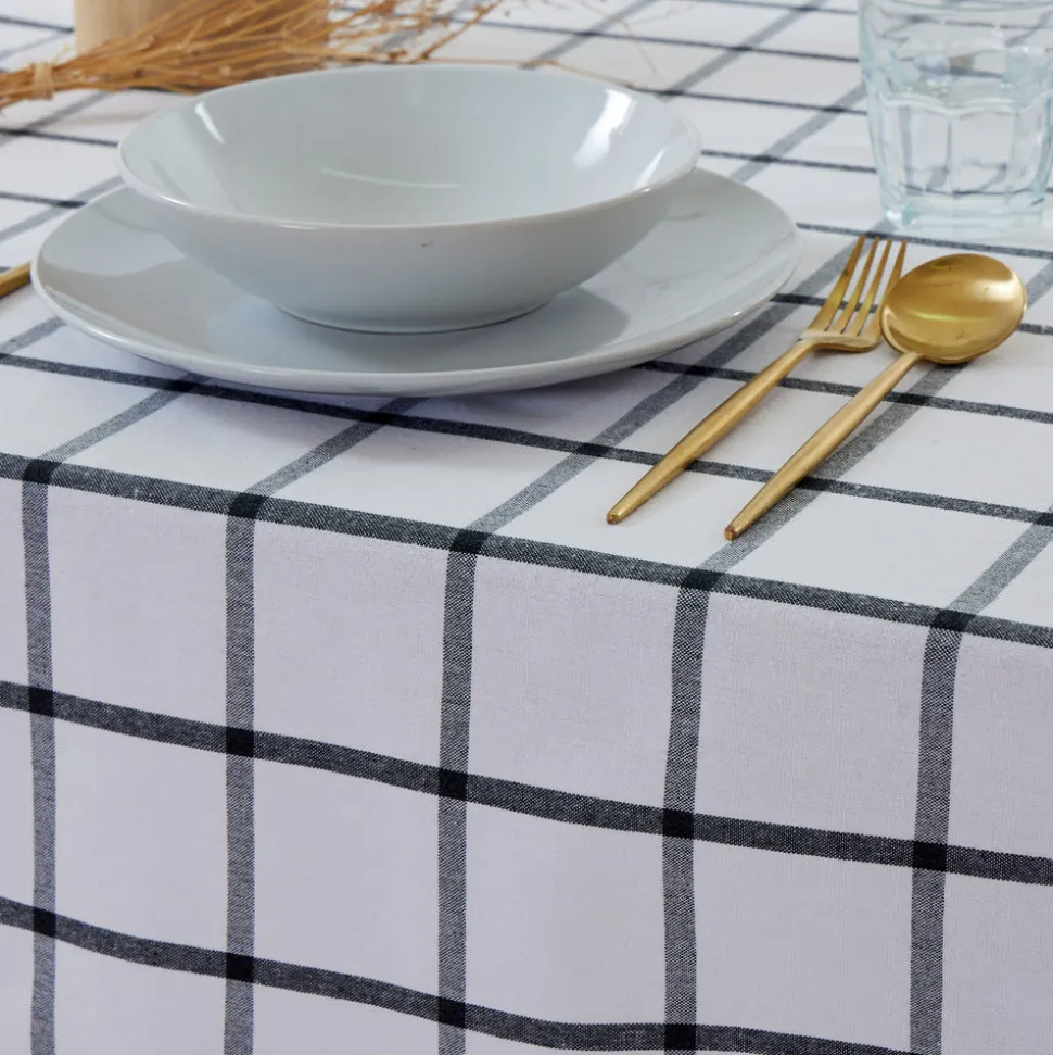 Mantel cotton blanco cuadro carbón