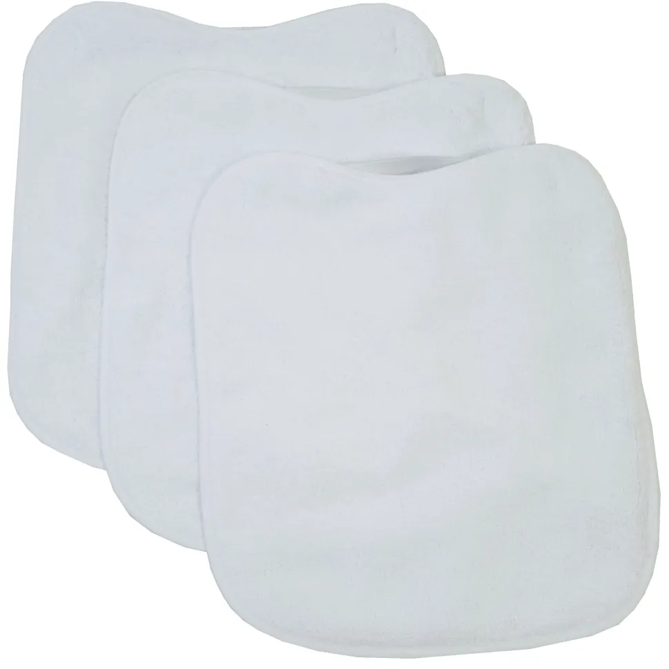 Pack 3 baberos rizo guardería color blanco con elástico. Lavables, exterior de rizo y reverso impermeable. Medidas: 33x29cm