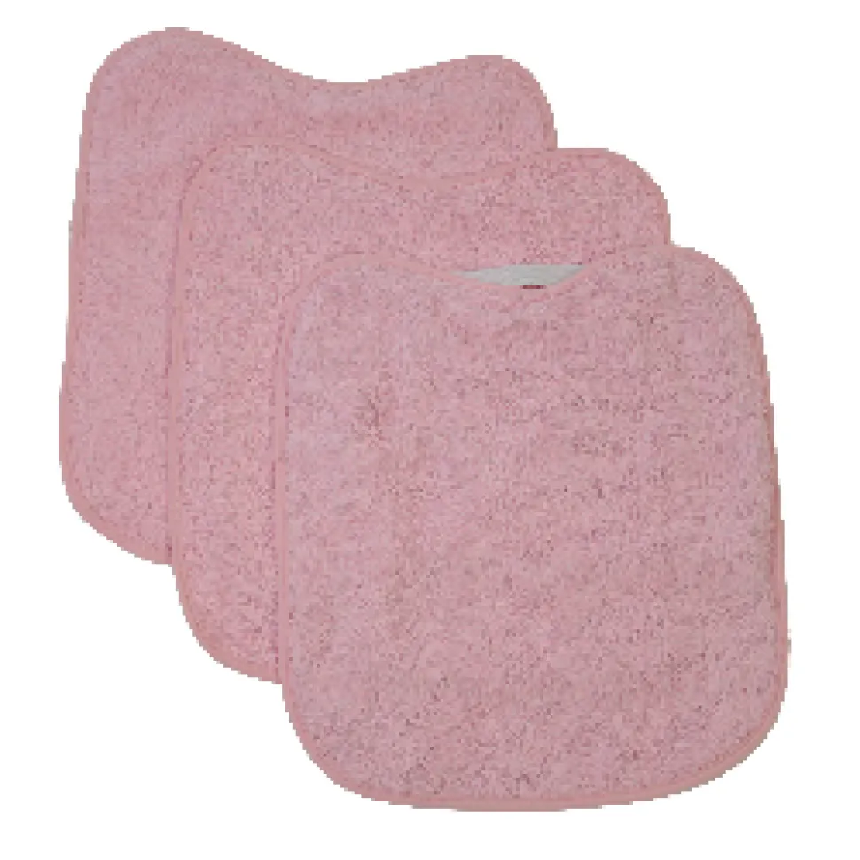 Pack 3 baberos rizo guardería color rosa palo con elástico. Lavables, exterior de rizo y reverso impermeable. Medidas: 33x29cm