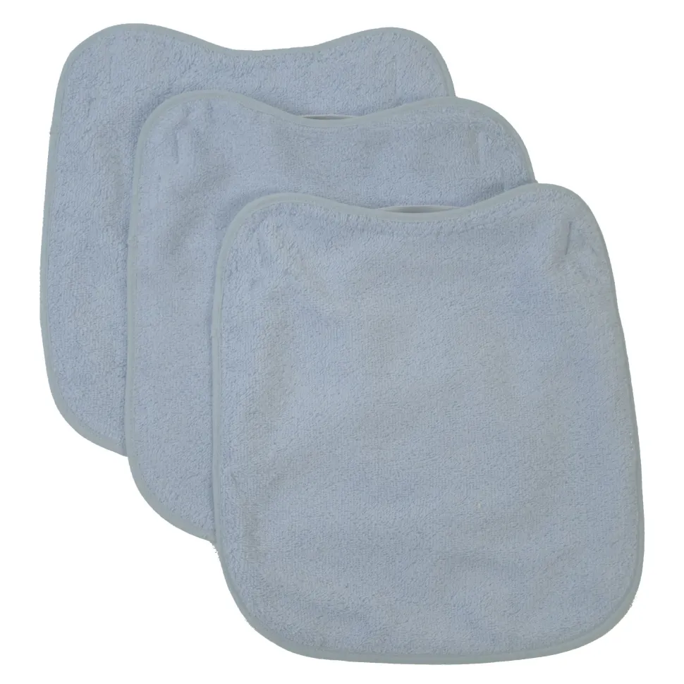 Pack 3 baberos rizo guardería color azul hielo con elástico. Lavables, exterior de rizo y reverso impermeable. Medidas: 33x29cm