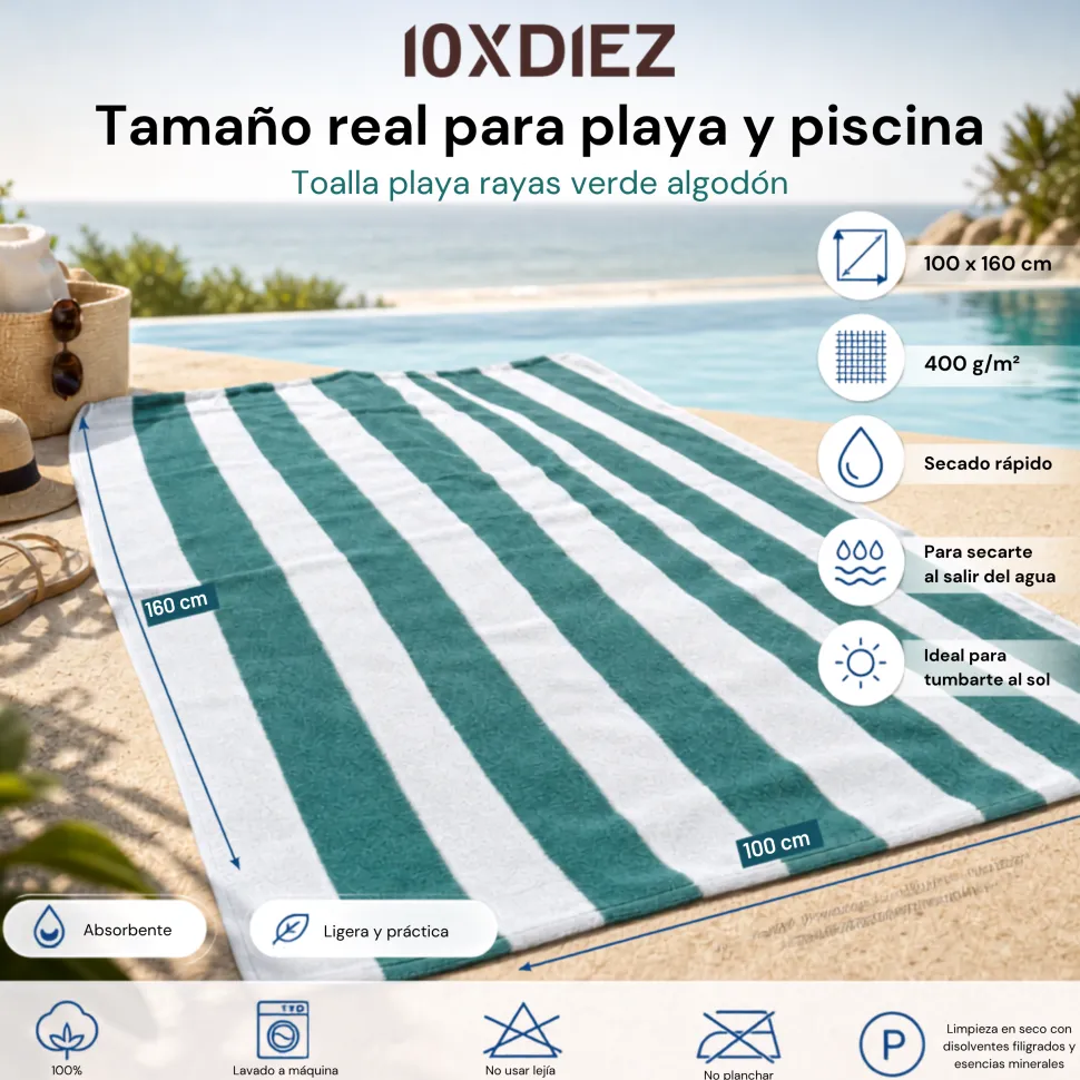 Toalla playa rayas verde algodón